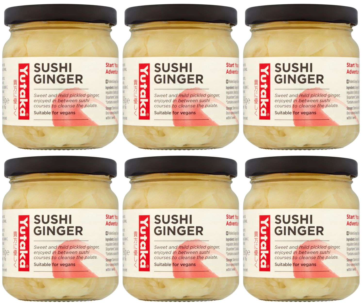 Yutaka Sushi Ginger 190g (Pack of 6) Premium Pickled Ginger Authentic Japanese Gari for Sushi, Sashimi, Salads &amp; Everyday Meals Vegan-Friendly