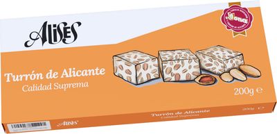 Alises Turrón de Alicante - Almonds and Honey - Supreme Quality - 100% Natural - Gluten Free, Lactose Free - Spanish Nougat 200g (Hard)