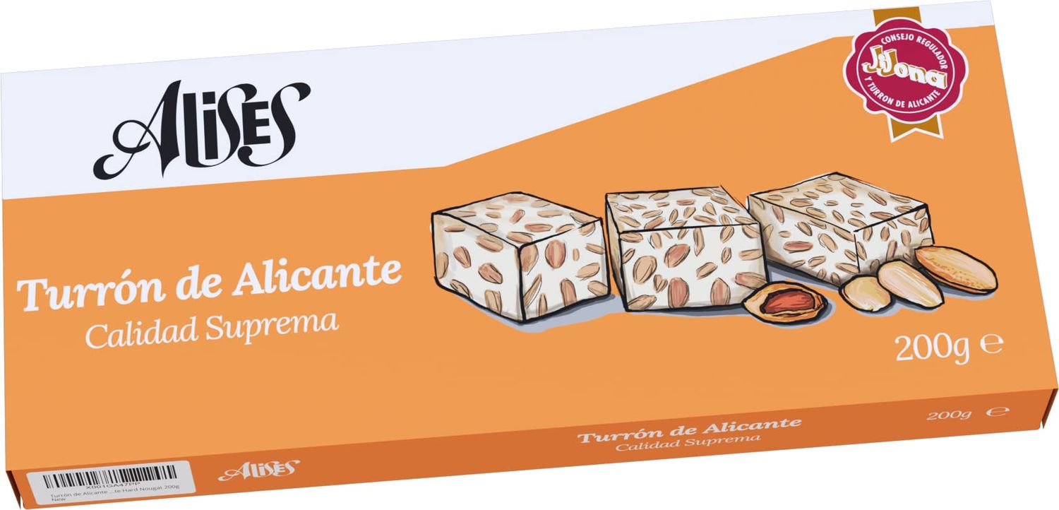 Alises Turrón de Alicante - Almonds and Honey - Supreme Quality - 100% Natural - Gluten Free, Lactose Free - Spanish Nougat 200g (Hard)