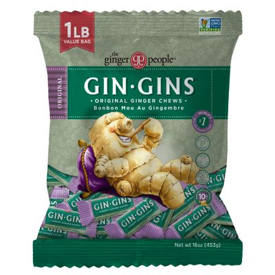 GIN GINS Original Ginger Chews - Natural Fresh Ginger Candy by The Ginger People - Individually Wrapped Healthy Candy - Original Flavor - Large 1 lb Bag (16oz) - Pack of 1