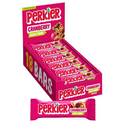 Perkier Cranberry Bars (18 Bars), Vegan, Gluten Free, Protein, Lower Sugar, Office Snacks, Healthy Snacks for Adults, Low Calorie, Halal, Breakfast Bar, High Fibre, Gut Health, Multipack