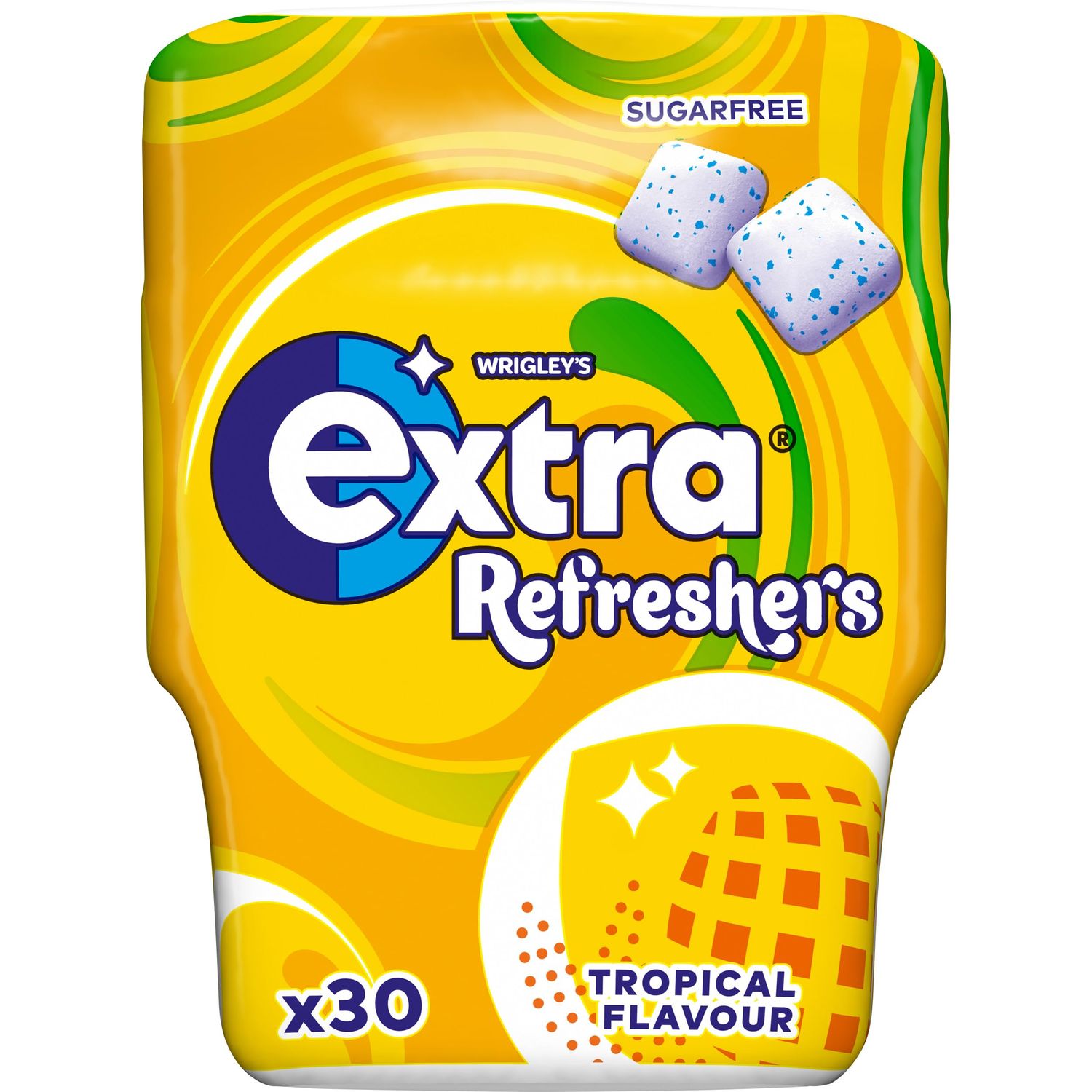 Wrigley's Extra Refreshers Tropical Sugar Free Chewing Gum Bottle, 30 Pieces - Fresh Breath Fruit Gum - Air Travel Essentials, Festival Accessories, Summer Holiday &amp; Road Trip Snacks