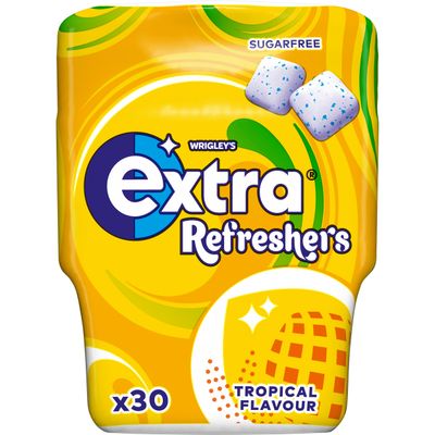 Wrigley's Extra Refreshers Tropical Sugar Free Chewing Gum Bottle, 30 Pieces - Fresh Breath Fruit Gum - Air Travel Essentials, Festival Accessories, Summer Holiday & Road Trip Snacks