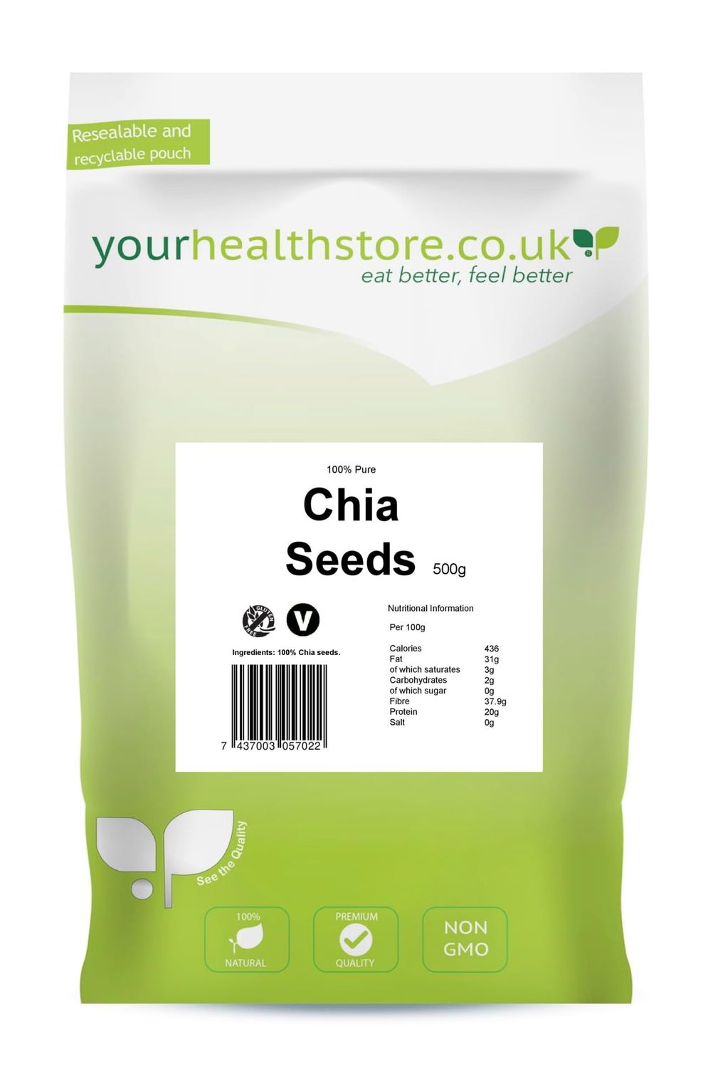 yourhealthstore Raw Chia Seeds 500g, 100% Natural, Vegan, High in Fibre, Gluten Free, (Resealable and Recyclable Pouch)