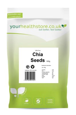 yourhealthstore Raw Chia Seeds 500g, 100% Natural, Vegan, High in Fibre, Gluten Free, (Resealable and Recyclable Pouch)