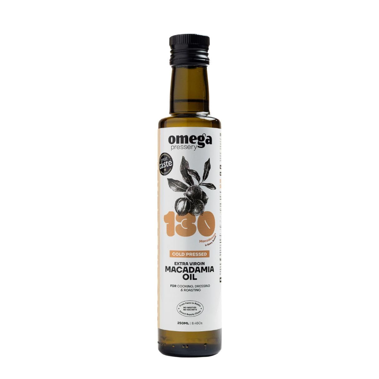 Omega Pressery Premium Extra Virgin Macadamia Cooking Oil - 250ml Cold Pressed, Unblended &amp; Unrefined 100% Natural, Traceable &amp; Pure Macadamia Nut Oil for Cooking 1-Star Great Taste Award