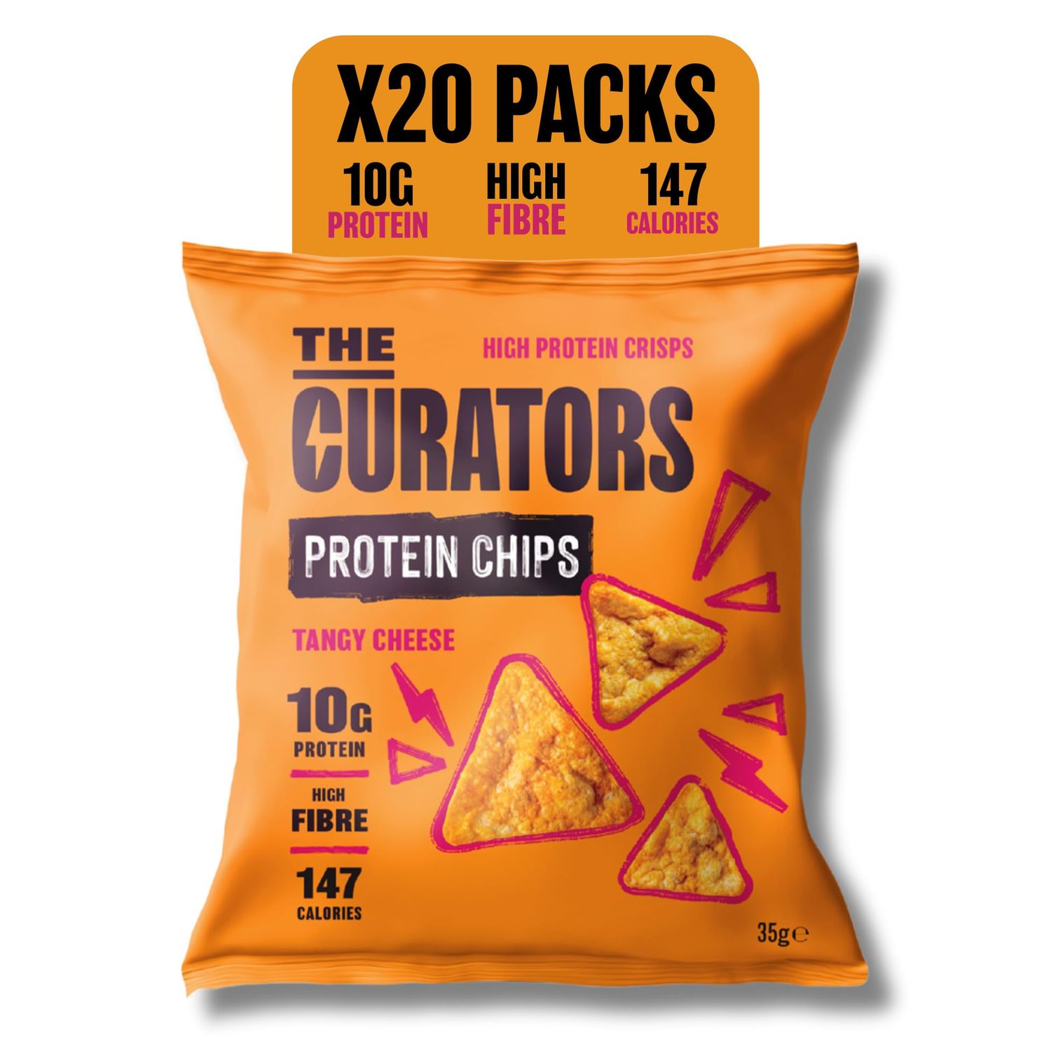 THE CURATORS Protein Chips, Tangy Cheese, 35g (20 Packs), 10g Protein, High Fibre, 147 Calories, Gluten Free, Veggie (20x35g), Lentil Crisps