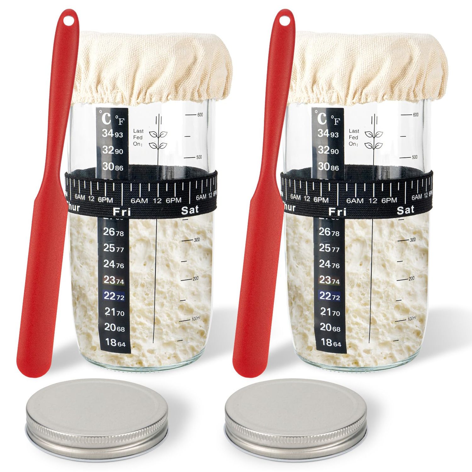2PACK Sourdough Starter Jar 730ml, 24oz Glass Sourdough Starter Kit with Date Feeding Band, Thermometer, Cloth Cover &amp; Metal Lid, Reusable Sourdough Bread Baking Supplies, Home Baking Supplies