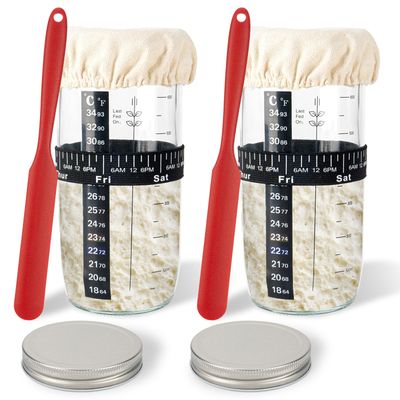 2PACK Sourdough Starter Jar 730ml, 24oz Glass Sourdough Starter Kit with Date Feeding Band, Thermometer, Cloth Cover &amp; Metal Lid, Reusable Sourdough Bread Baking Supplies, Home Baking Supplies