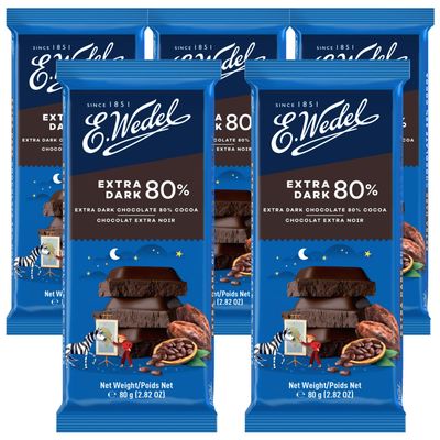 E.Wedel Chocolate Bars Extra Dark Chocolate 80%, 80g, Made in Poland, Dark ChocolateBars Multipack, Cocoa from Ghana (Pack of 5, Cocoa 80%)