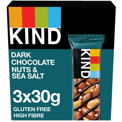 KIND Bars, Gluten Free Snack Bars, Dark Chocolate Nuts &amp; Sea Salt, High Fibre, Healthy Snack, No Artificial Colours, Flavours or Preservatives, Multipack 3 x 30g