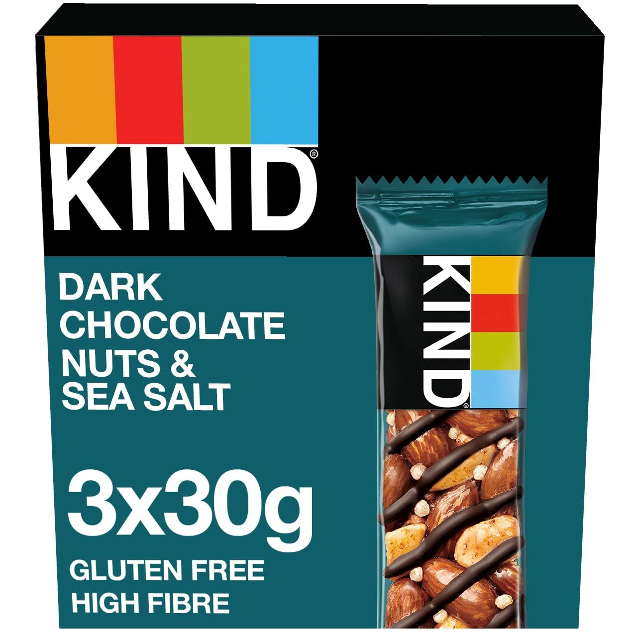 KIND Bars, Gluten Free Snack Bars, Dark Chocolate Nuts &amp; Sea Salt, High Fibre, Healthy Snack, No Artificial Colours, Flavours or Preservatives, Multipack 3 x 30g
