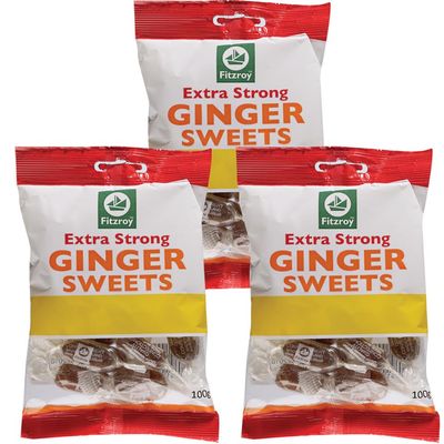 Fitzroy Extra Strong Ginger Sweets 3 x 100g - Hard Boiled Sweets, Individually Wrapped sweets, Vegetarian, Vegan, Gluten Free, Travel Sweets, Hard Candy, Sweet shop, Boiled Sweets Wrapped