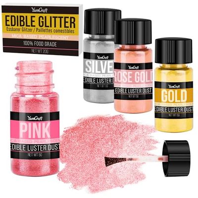 Edible Glitter Set, 4 Colors Luster Dust Edible Powder for Cake Decorating, Food Grade Vegan Edible Glitter for Drinks, Cocktails, Shimmer Metallic Food Coloring Powder for Chocolate(5g/Bottle)