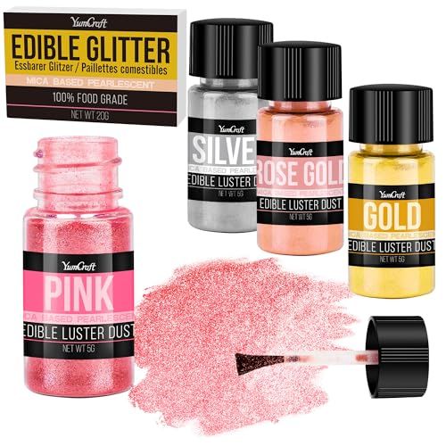 Edible Glitter Set, 4 Colors Luster Dust Edible Powder for Cake Decorating, Food Grade Vegan Edible Glitter for Drinks, Cocktails, Shimmer Metallic Food Coloring Powder for Chocolate(5g/Bottle)