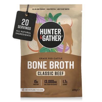 Hunter & Gather Bone Broth Powder 15g Protein 13g Collagen 74 kCal Grass Fed European Beef Savoury Drink/Stock Alternative Supports Healthy Gut, Skin, Hair & Nails 400g 20 Servings