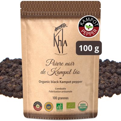 Khla - Black Kampot Pepper 100g - Organic Black Kampot Peppercorns - Premium Cambodian Pepper - Grand Cru, Rare & Exquisite - For Grinder Refill - Direct from Producer - Origin Cambodia