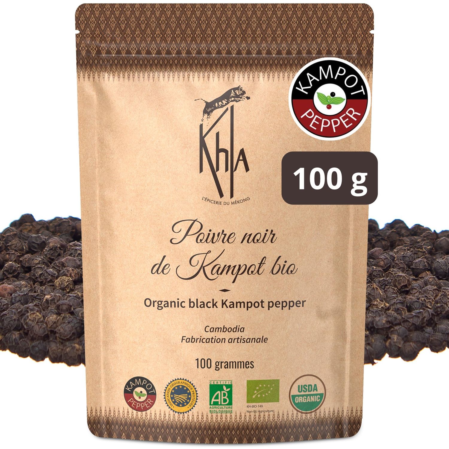 Khla - Black Kampot Pepper 100g - Organic Black Kampot Peppercorns - Premium Cambodian Pepper - Grand Cru, Rare &amp; Exquisite - For Grinder Refill - Direct from Producer - Origin Cambodia