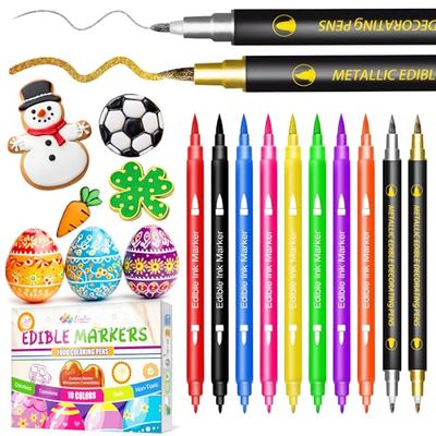 Food Colouring Pens - 10 pcs Dual Sided Edible Icing Pens with Fine Thick Tip, Edible Markers Paint for Cake Decorating, Cookies, Fondant, Frosting, Icing, Easter Eggs, Food Grade Gourmet Writers