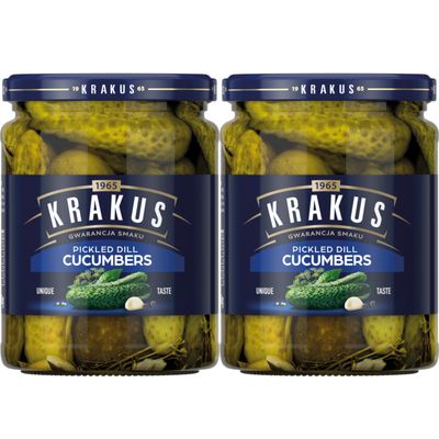 Krakus Pickled Dill Cucumbers 2 Jars - Sweet &amp; Sour Taste - Crispy Gherkins - Delicious Condiment - Ready to Serve - 2 x 490g Glass Jar