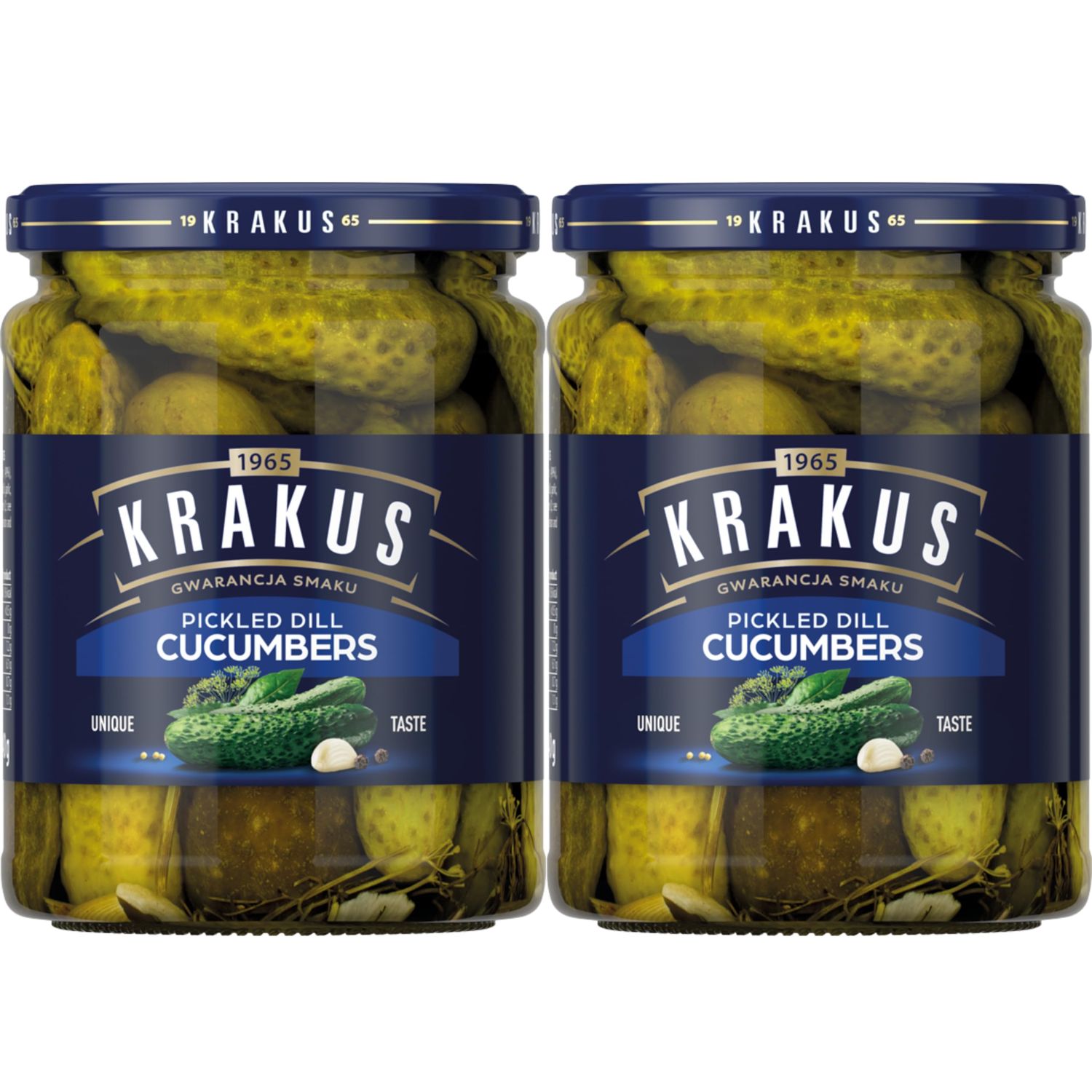 Krakus Pickled Dill Cucumbers 2 Jars - Sweet &amp; Sour Taste - Crispy Gherkins - Delicious Condiment - Ready to Serve - 2 x 490g Glass Jar