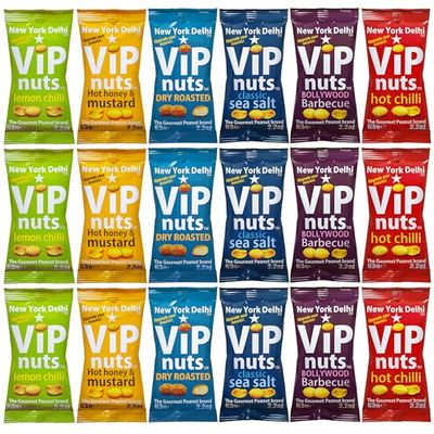 New York Delhi ViPnuts, Selection Box (18 x 63g) 6 to 7 Flavours, Hot chilli, Lemon, BBQ, Honey &amp; Mustard, Cheese &amp; Onion, Classic, Dry Roasted Flavoured Peanut, High Protein. 18 assorted Packs
