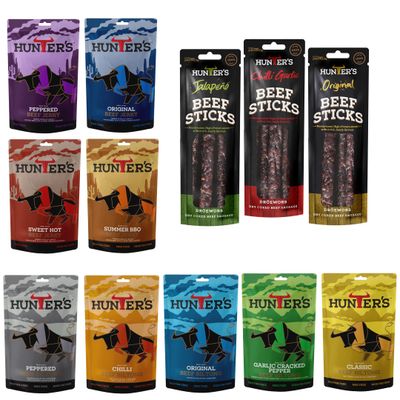 Hunters Beef Snack 12 Pack Combo - 28g Biltong, 28g Jerky, 40g Beef Sticks Droewors, High Protein, low carb, Thin sticks of authentic Droewors, Convenient Snack