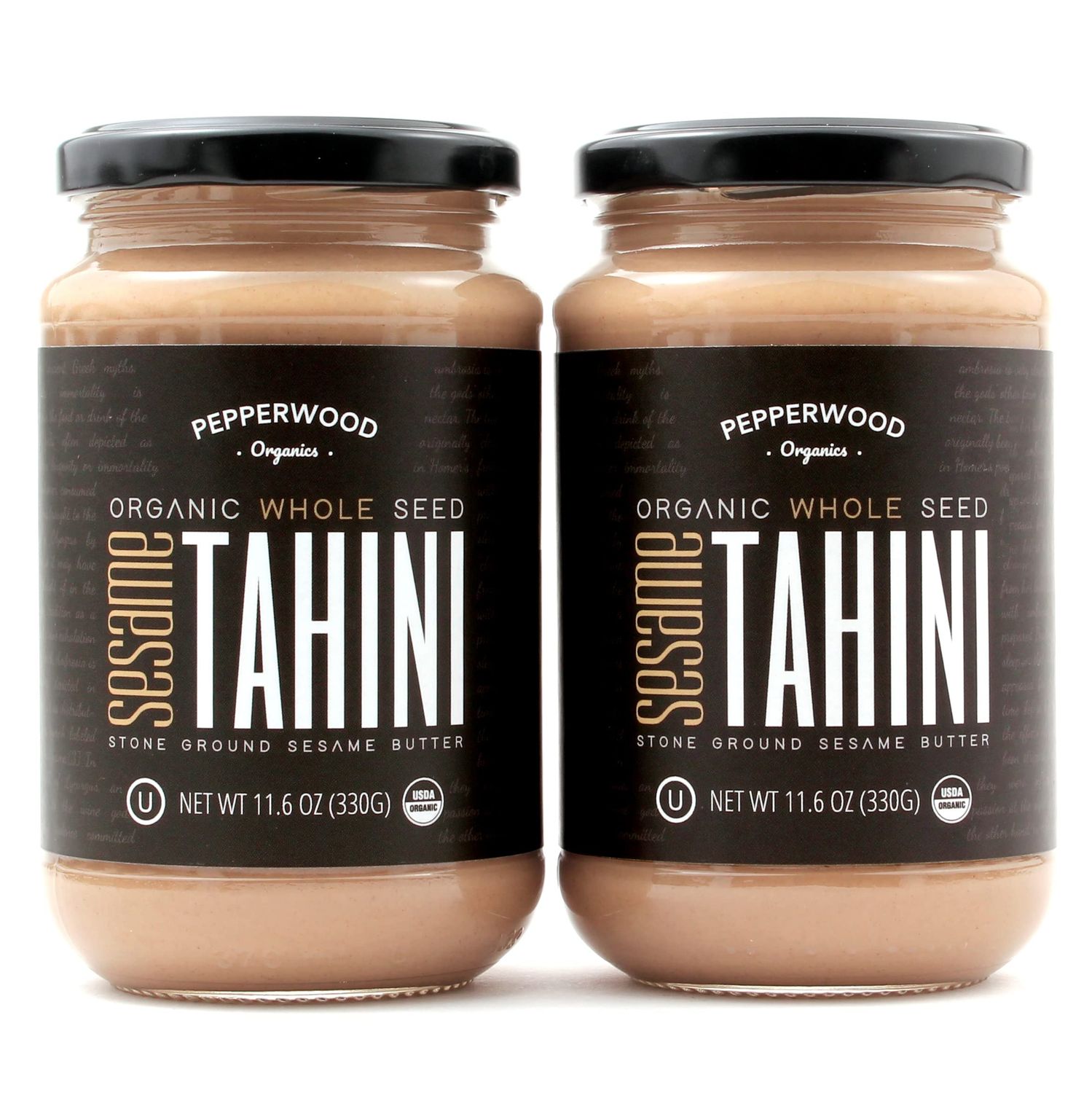 Organic Whole Sesame Tahini Paste - Unhulled &amp; Stone-Ground - Silky Smooth Texture in Hummus, Dips, Dressings - Unsalted, Nut-Free, Kosher, Paleo, Keto 330g Glass Jar (2-Pack) Pepperwood Organics