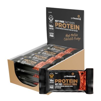 Getbuzzing Nut Free Oat Protein Flapjack Bars - Gluten Free Healthy Snack with Natural Ingredients, High Fibre &amp; School Safe - 12 x 55g Pack - [Chocolate Fudge] - Supports Running, Cycling and Gym