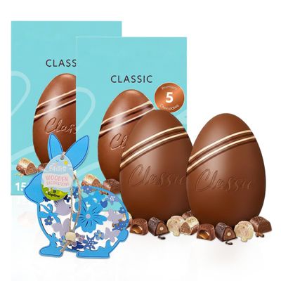 Luxury Easter Eggs for Chocolate Gifts - Pack of 2 x 150g Classic Milk Chocolate Egg with Assorted Pralines &amp; Topline Wooden Decoration. Great Easter Gifts for Women, Egg Hunt