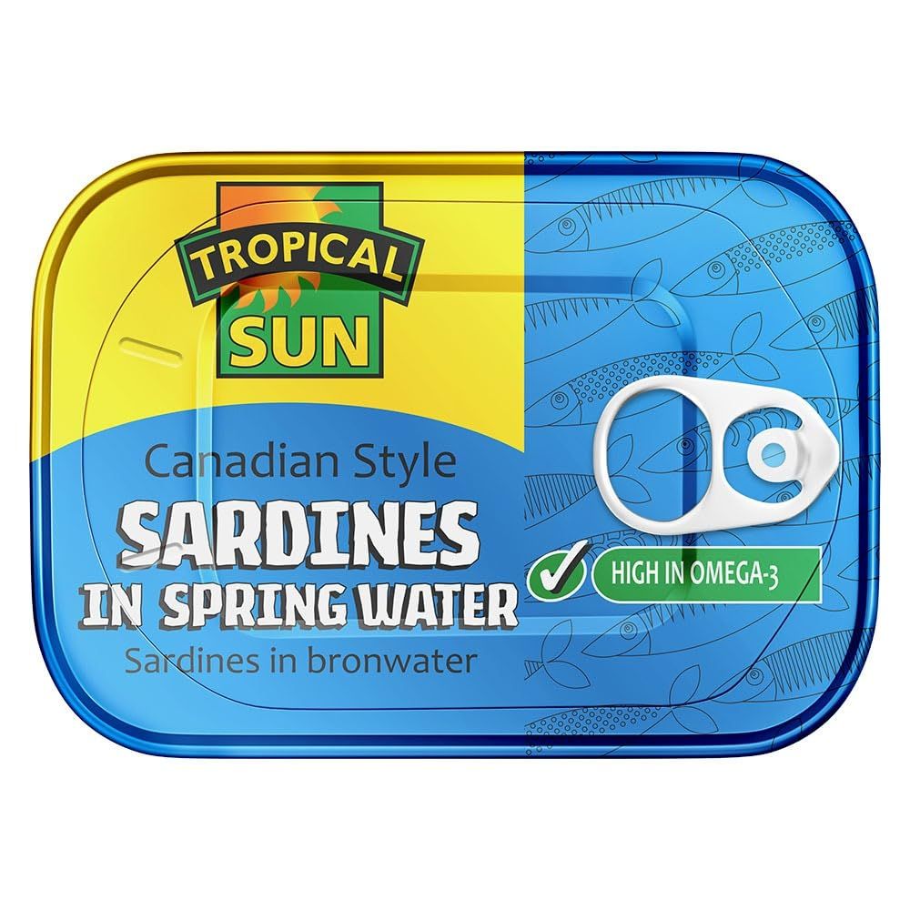 Tropical Sun Canadian Style Sardines in Spring Water,(Pack of 12) High in Omega 3, Rich in Protein, Healthy Sardines for the Whole Family, Perfect for Meals, Salads, and Cooking