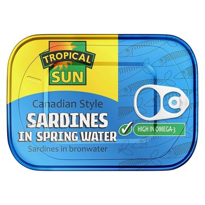 Tropical Sun Canadian Style Sardines in Spring Water,(Pack of 12) High in Omega 3, Rich in Protein, Healthy Sardines for the Whole Family, Perfect for Meals, Salads, and Cooking