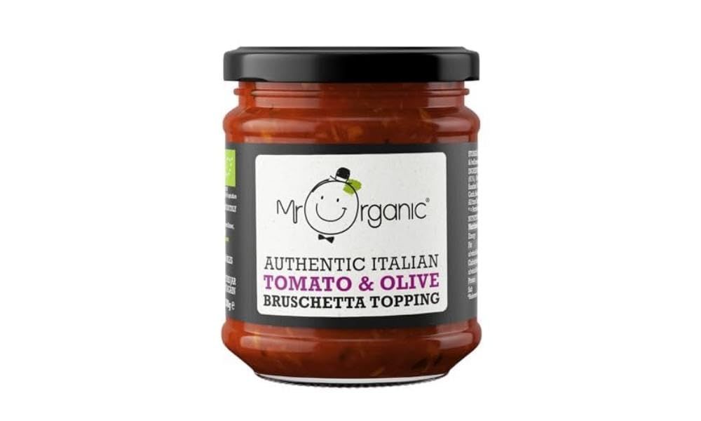 Mr Organic Tomato &amp; Olive Bruschetta Topping 200g - Italian Condiment, Blend of Tomatoes &amp; Olives - Ideal for Bruschetta, Pasta, and Salads - Made with Organic Ingredients - Pack of 1