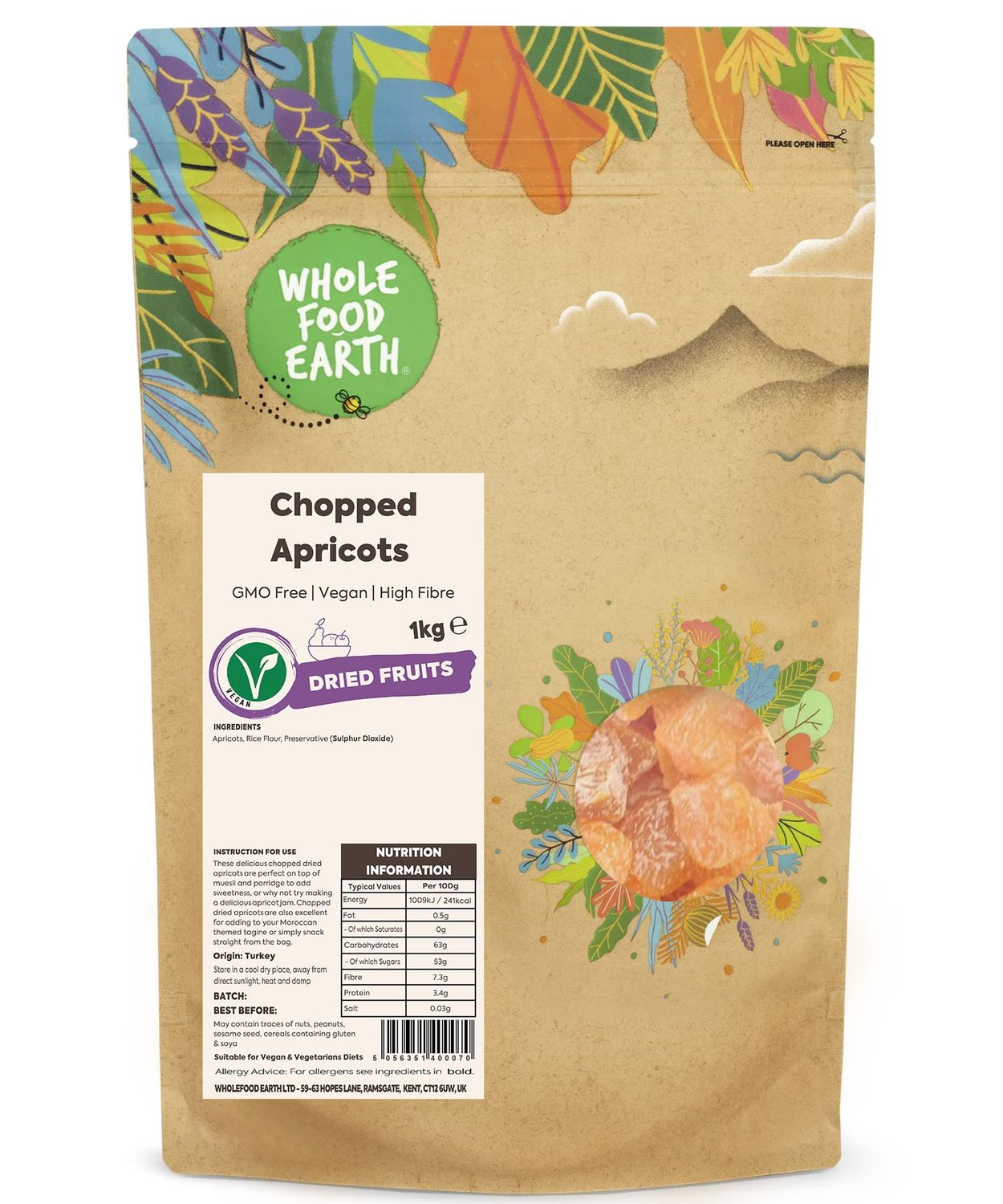 Wholefood Earth Chopped Apricots 1 kg GMO Free High Fibre