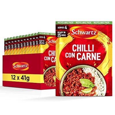 Schwartz Chilli Con Carne Recipe Mix 41 G Serves 4 Pack of 12 Hot & Spicy Rich Mexican Flavour With Fiery Chillies, Earthy Cumin, Dried Garlic and Onion Powder