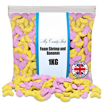 Original Banana And Shrimp Sweets - Sweets 1kg Bulk Bag - Pick &amp; Mix Shrimps And Bananas Sweets - Retro Sweets, Hygienically Packed in UK for Parties &amp; Sharing
