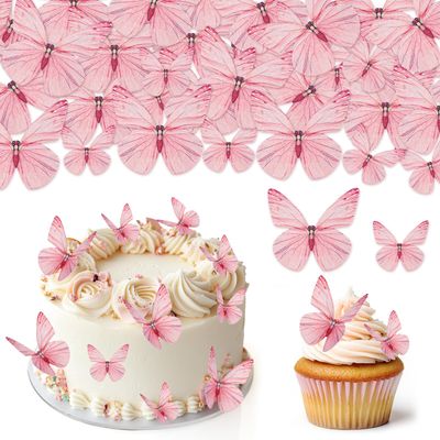 Hanqing 72 Pcs Edible Butterfly Cupcake Toppers, 3D Pale Pink Glutinous Paper Butterflies Cupcake Decorations, Mixed Size Butterfly Cake Toppers Paper for Girls Women's Birthday Party, Cake Decoration