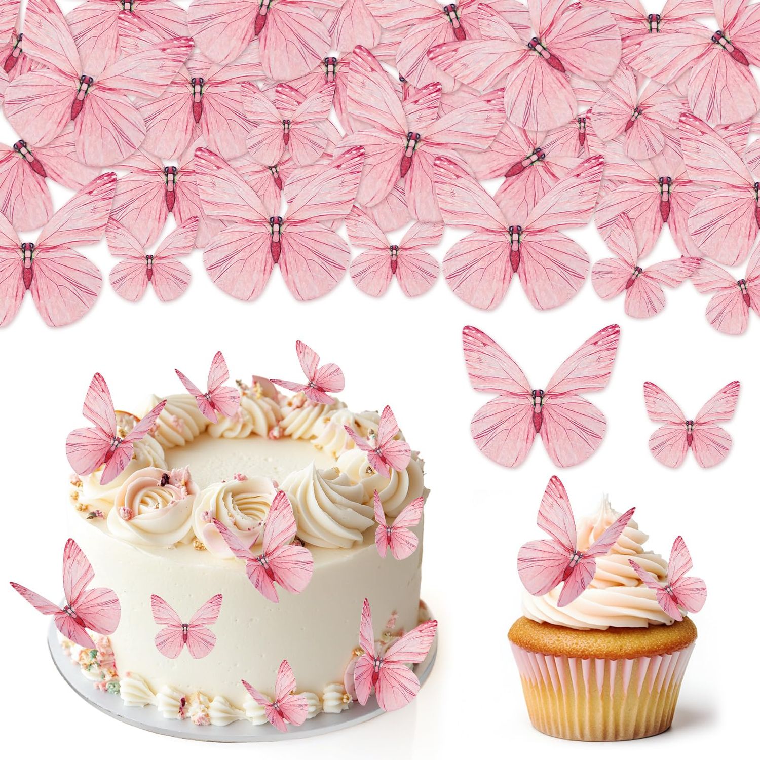 Hanqing 72 Pcs Edible Butterfly Cupcake Toppers, 3D Pale Pink Glutinous Paper Butterflies Cupcake Decorations, Mixed Size Butterfly Cake Toppers Paper for Girls Women's Birthday Party, Cake Decoration