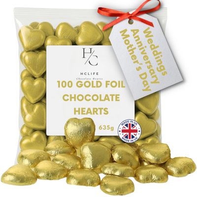 100 Milk Chocolate Hearts - Gold foil Mothers Day Chocolates - Creamy Wedding Party Table Favours - Ideal for Parties, Birthdays, Anniversaries, Valentine's Day Chocolates