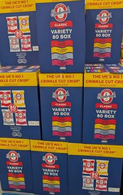 Classic Variety Box, 80 Crinkle Cut Crisps, Mixed Flavours - Sea Salt, Cheese &amp; Onion, Salt &amp; Vinegar, Prawn Cocktail