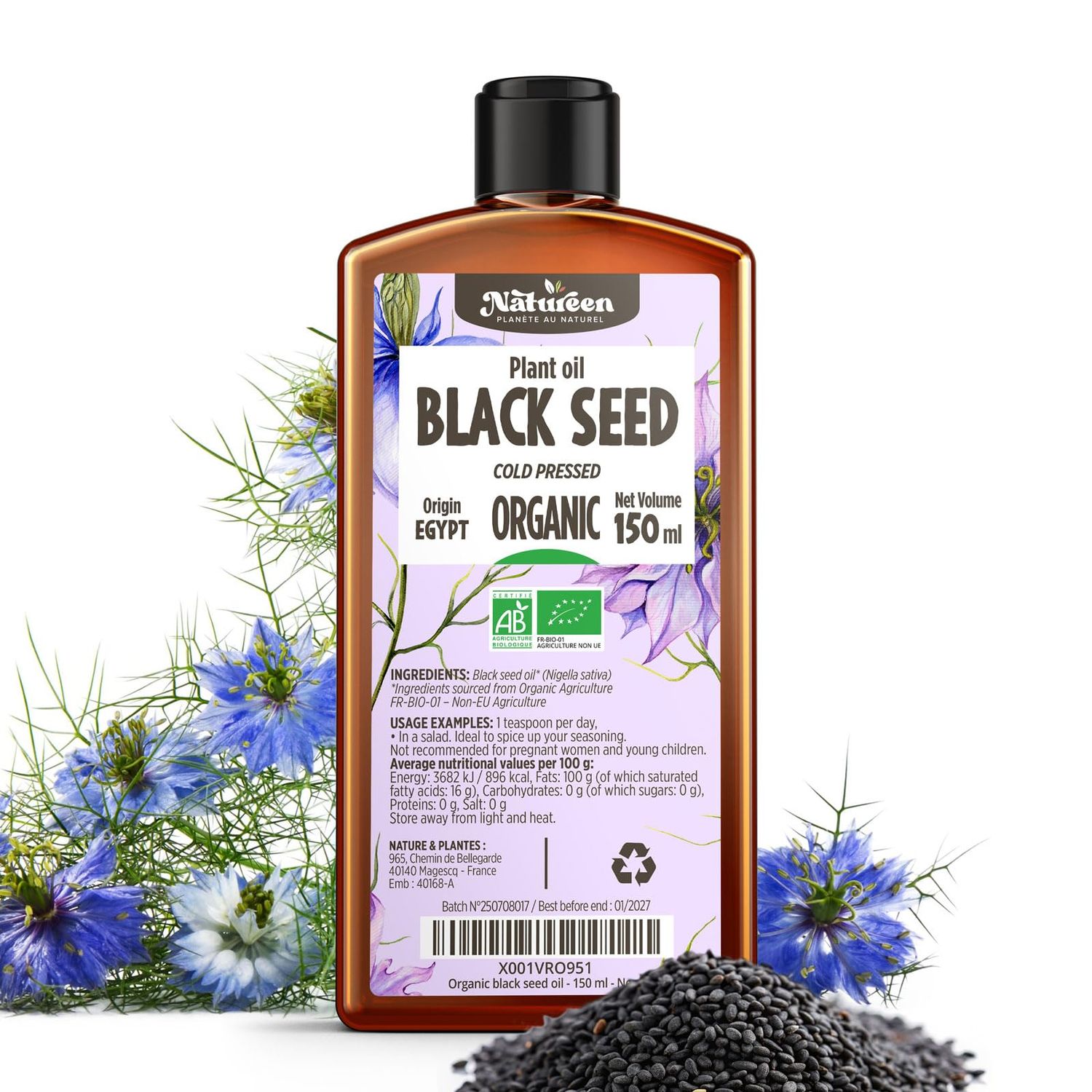 Organic Black seed oil 150 ml - Nigella sativa - Cold Pressed - Planète au Naturel Natureen