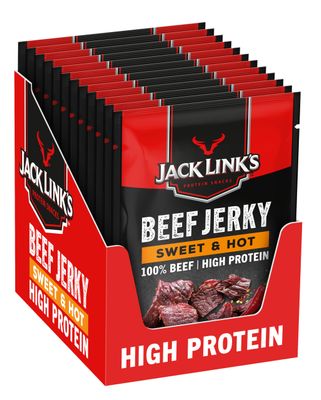 Jack Link's Beef Jerky, Sweet &amp; Hot Flavour, Multipack of 12 x 25g Bags, High Protein Meat Snack, Sweet Seasoning and Hot Spices