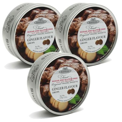 Simpkins Sugar Free Ginger Travel Sweets 150g PACK OF 3