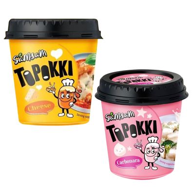 SamSam Instant Tteokbokki Topokki Korean Rice Cakes Chewy Street Snack, Multi Flavours, Carbonara, Cheese, Curry, Garlic Teriyaki, Jjajang, Rose, Original Sweet &amp; Spicy (Carbonara 120g + Cheese 120g)