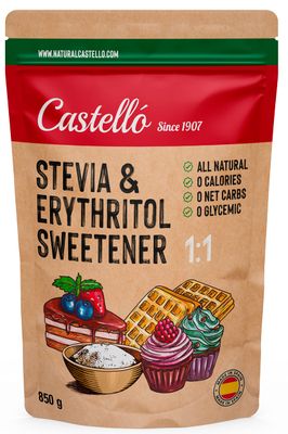Castello since 1907 Stevia + Erythritol 1:1 Sweetener 1g = 1g of sugar 100% Natural taste Sugar Substitute - 0 Calories - 0 Glycemic Index - Keto and Paleo - 0 Net Carbohydrates - 850 g