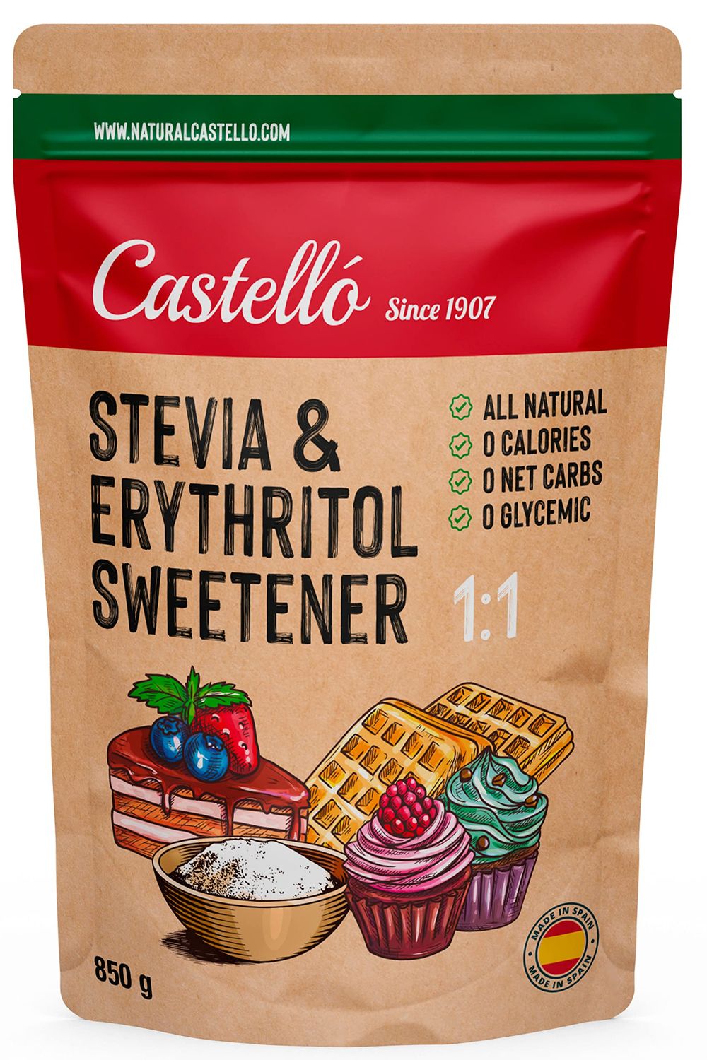 Castello since 1907 Stevia + Erythritol 1:1 Sweetener 1g = 1g of sugar 100% Natural taste Sugar Substitute - 0 Calories - 0 Glycemic Index - Keto and Paleo - 0 Net Carbohydrates - 850 g