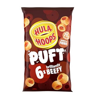 Hula Hoops PUFT - BEEF Multipack 6 x 15g Bags - Deliciously light and crispy puffed hula hoops - Completely free from artificial flavours, colours and MSG, Suitable for Vegetarians