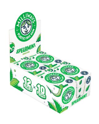 Milliways Spearmint Chewing Gum, Plastic Free, Sugar Free, Aspartame Free, Natural 12 Packs of 10 Pieces (120 Pieces Total) Xylitol, Plant-Based, Biodegradable