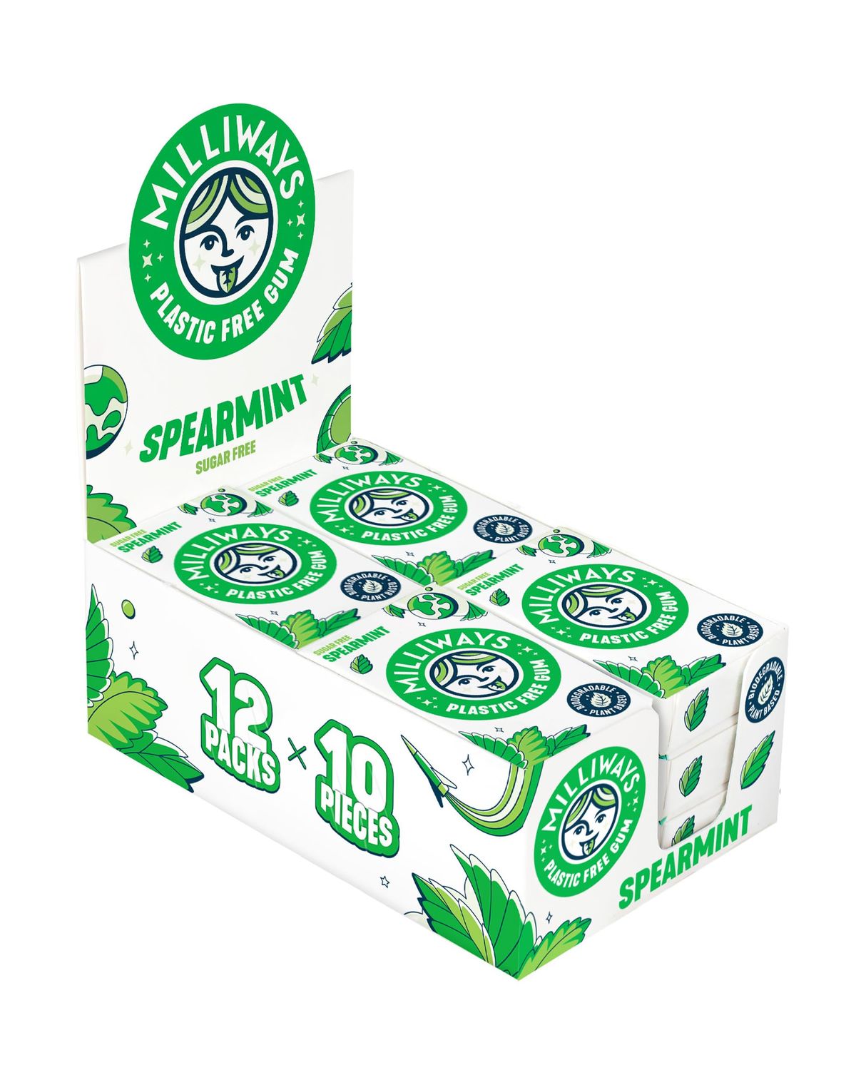 Milliways Spearmint Chewing Gum, Plastic Free, Sugar Free, Aspartame Free, Natural 12 Packs of 10 Pieces (120 Pieces Total) Xylitol, Plant-Based, Biodegradable