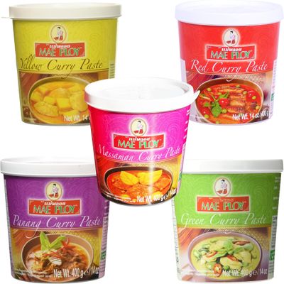 Mae Ploy Thai Curry Paste Assorted Pack of 5 (400g Each) - Green, Red, Yellow, Massaman & Panang Curry Paste - Authentic Thai Sauce for Cooking, Halal Certified
